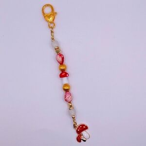 Handmade Mushroom Beaded Zipper Pull Bag Purse Wristlet Keys Charm Red Gold Tone